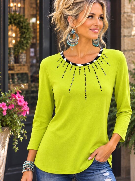 Vincente Tops - Vincente Lime Green Embellished Top S Black White Trim 3/4 Sleeve